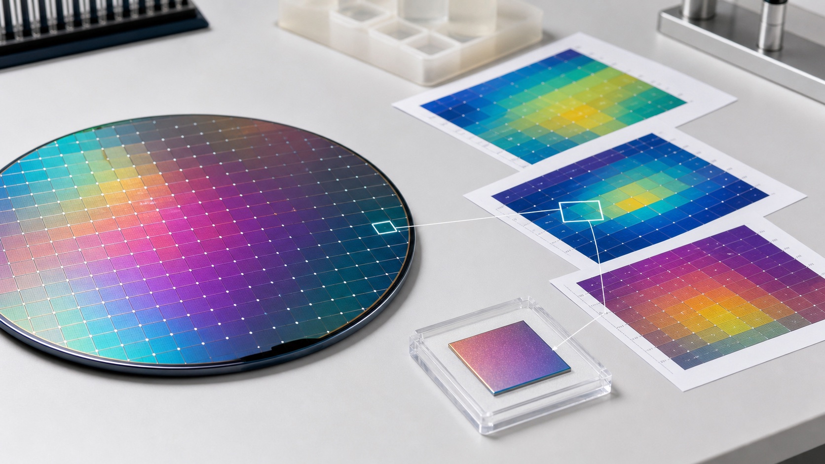 Concept visual of a colorful physical coating library, measured property maps, and a selected follow-up coating sample.
