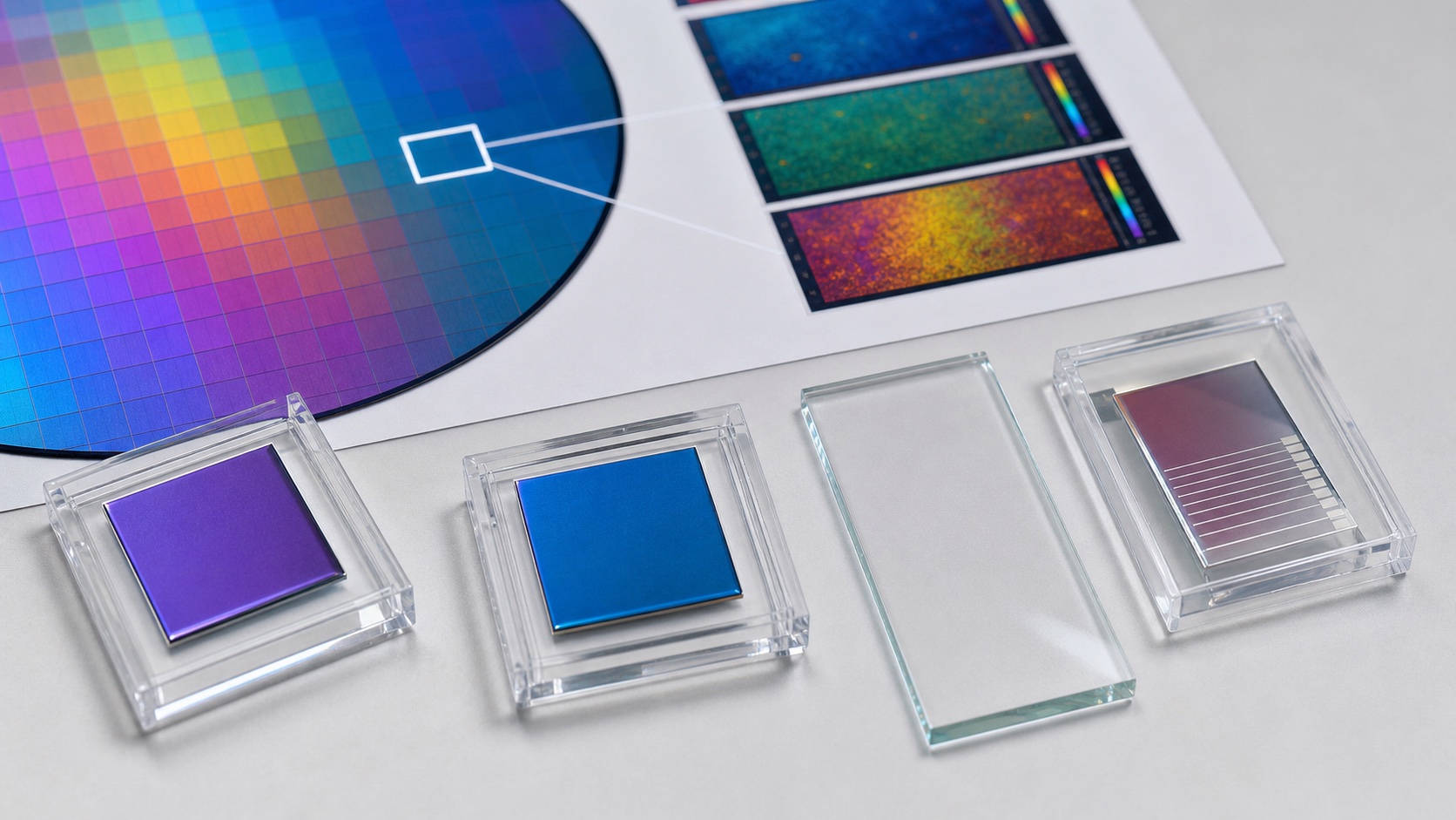 Concept visual of selected coated samples and scoped test structures next to measured property maps.
