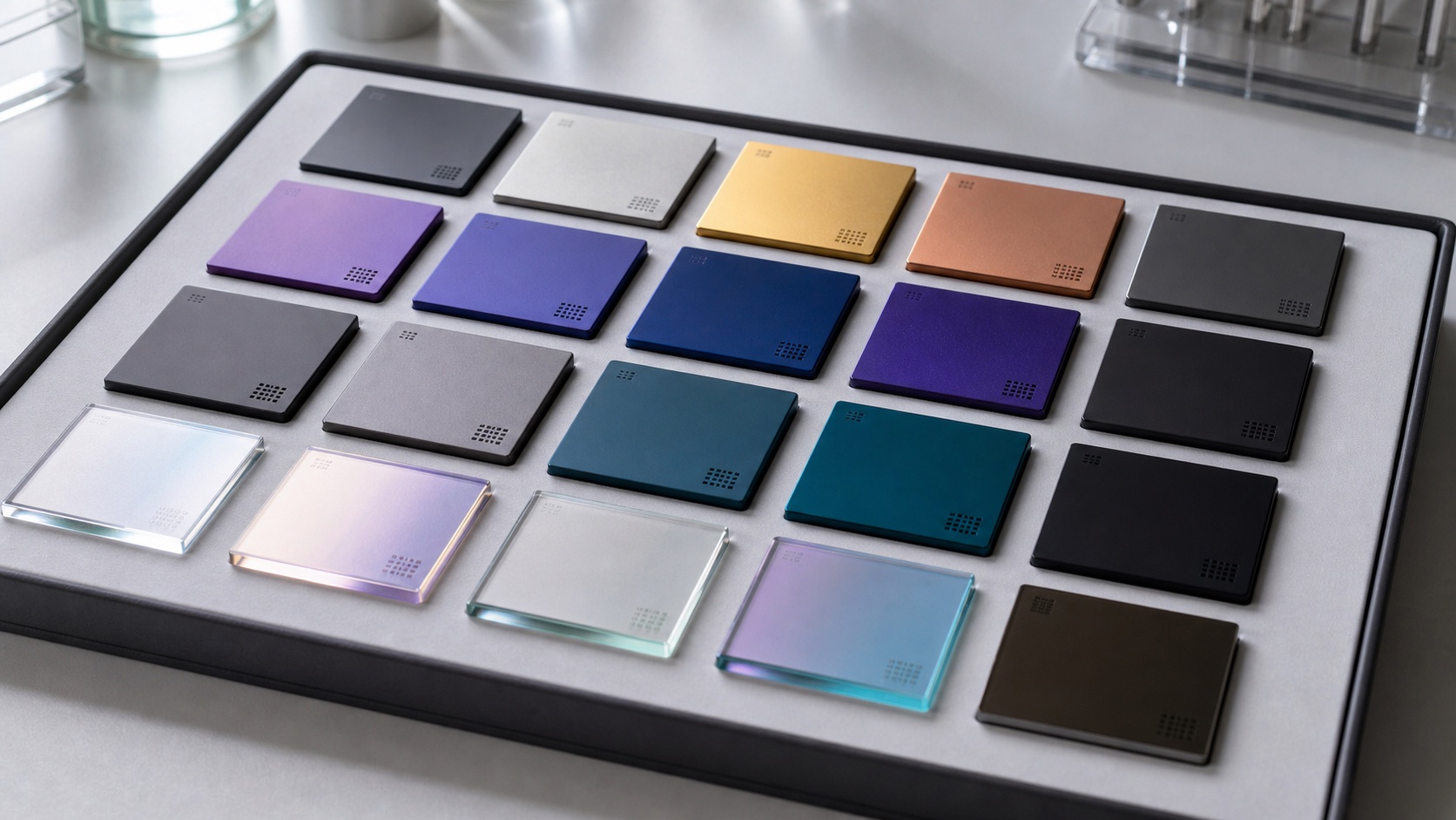Concept visual of a technical coating swatch board with coated metal and glass sample coupons.